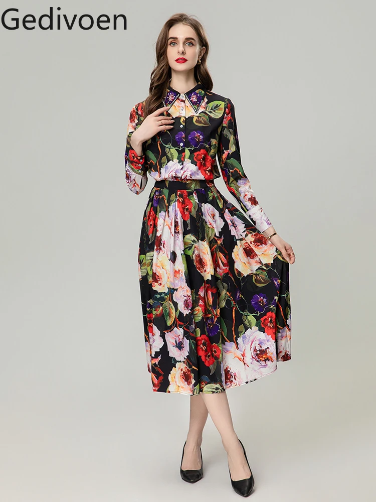 

Gedivoen Summer Fashion Runway New Designer Office Lady Vintage Floral Print Beading Turn-down Collar Mid-Calf Skirts Sets