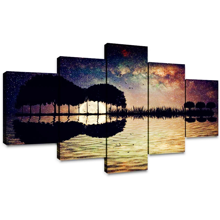 Guitar Island Moonlight diamond painting Wall Decoration Starry Sky Picture 5 Panel Living Room Home Guitar Painting Landscape