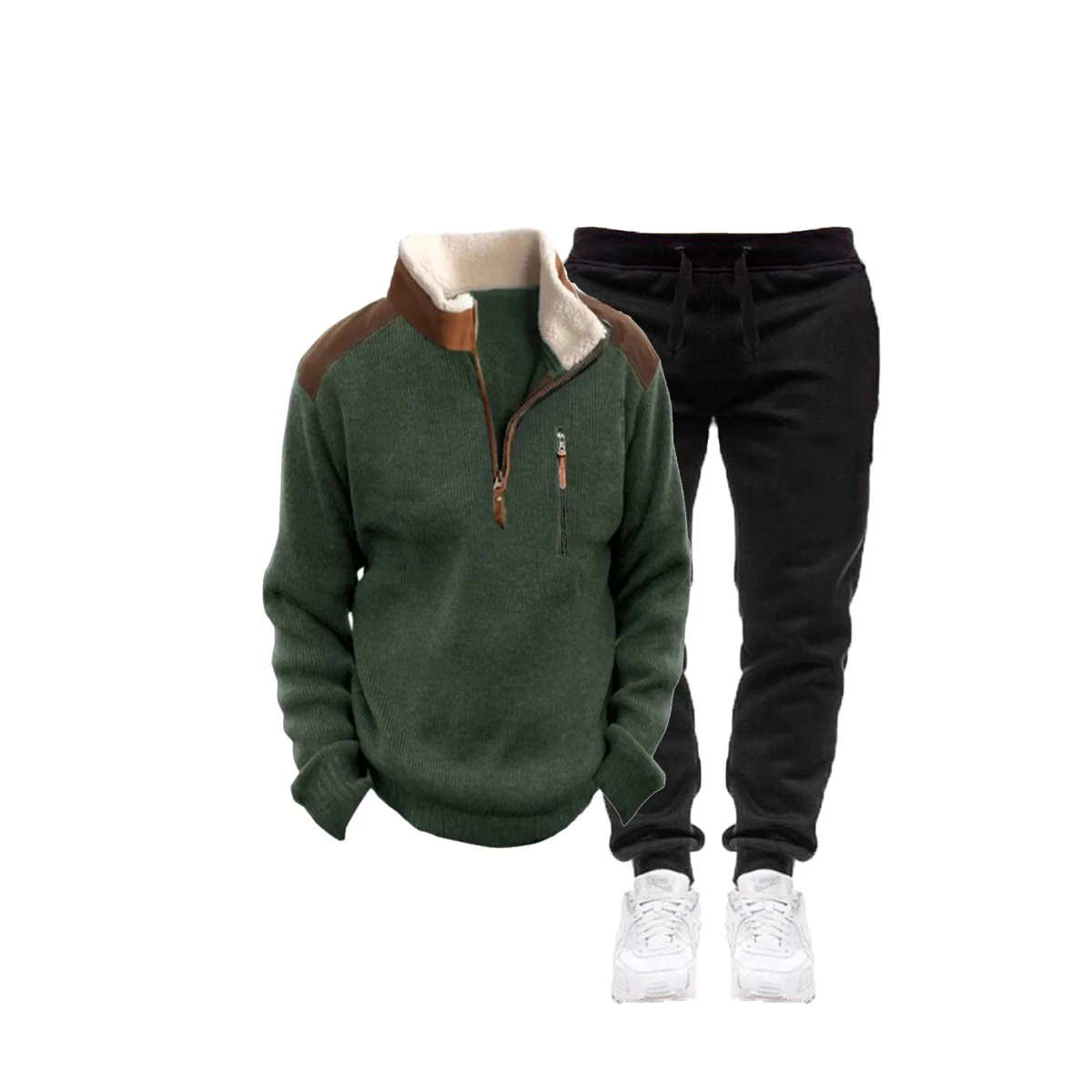 

New men's fall/winter sports outfit with half-zip sweater, stand-up collar, 3D top, pure black pants