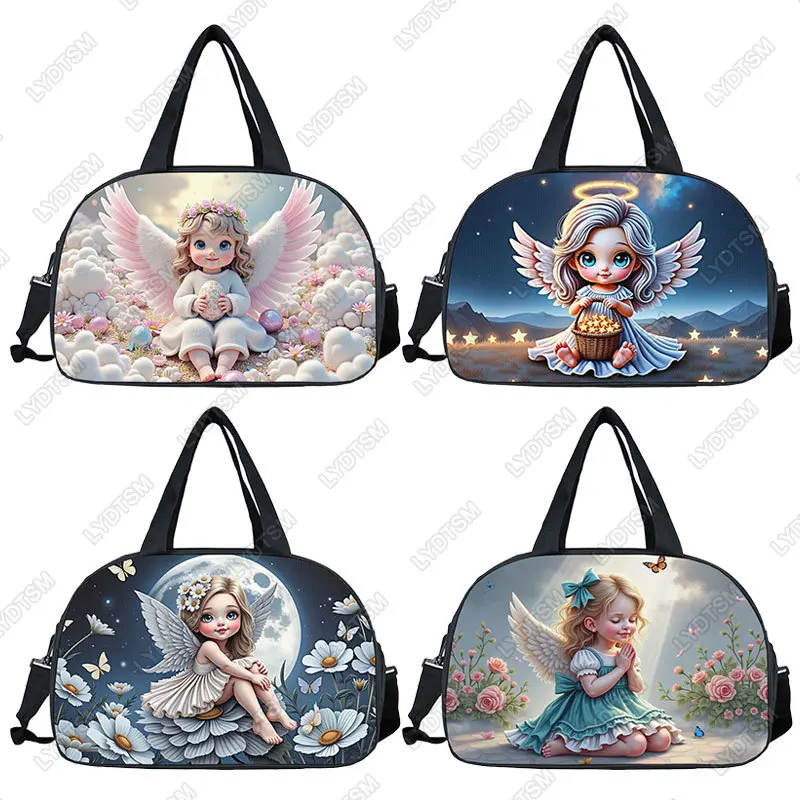 

Kawaii Little Angel Prayer Print Handbag for Travel Baby Angel with Wings Large Capacity Duffle Bag Multifunctional Shoes Holder