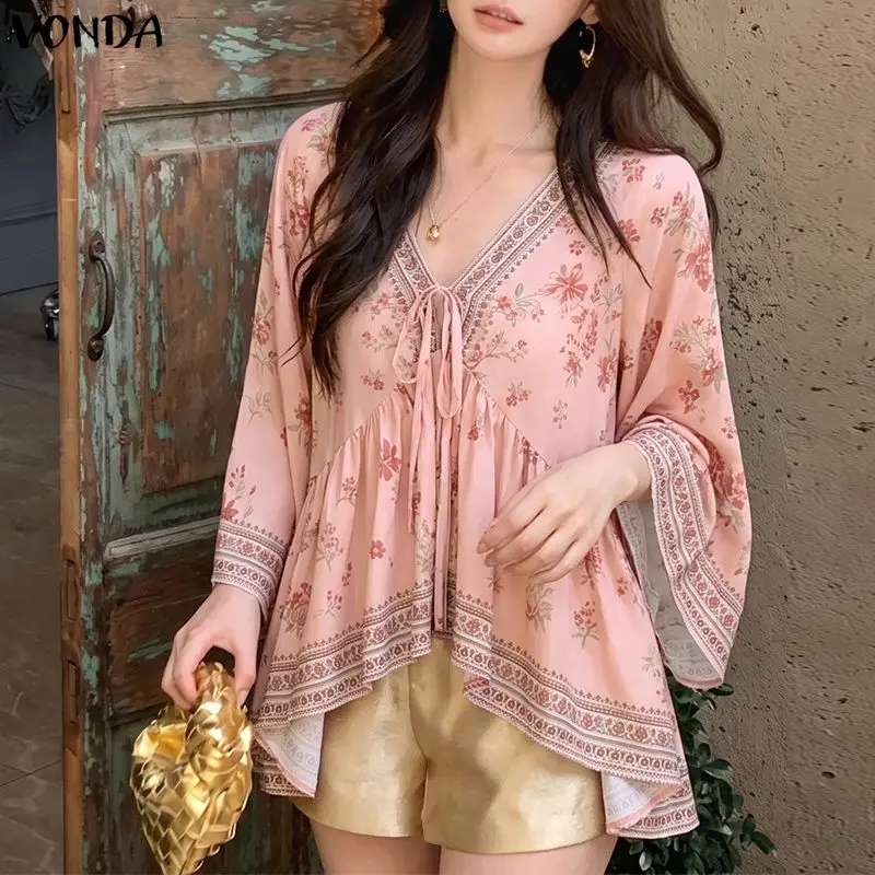 VONDA Women's Blouse 3/4 Flared Sleeve Tops Lace-Up Casual Vintage Floral Print Tunics Summer Holiday Vacation V Neck Blusas