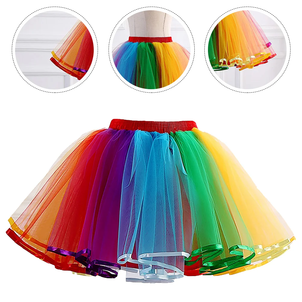  Mesh Tutu Skirt Performance Gauze Ballet Bubble Dance Party Tulle Dress Rainbow Layered