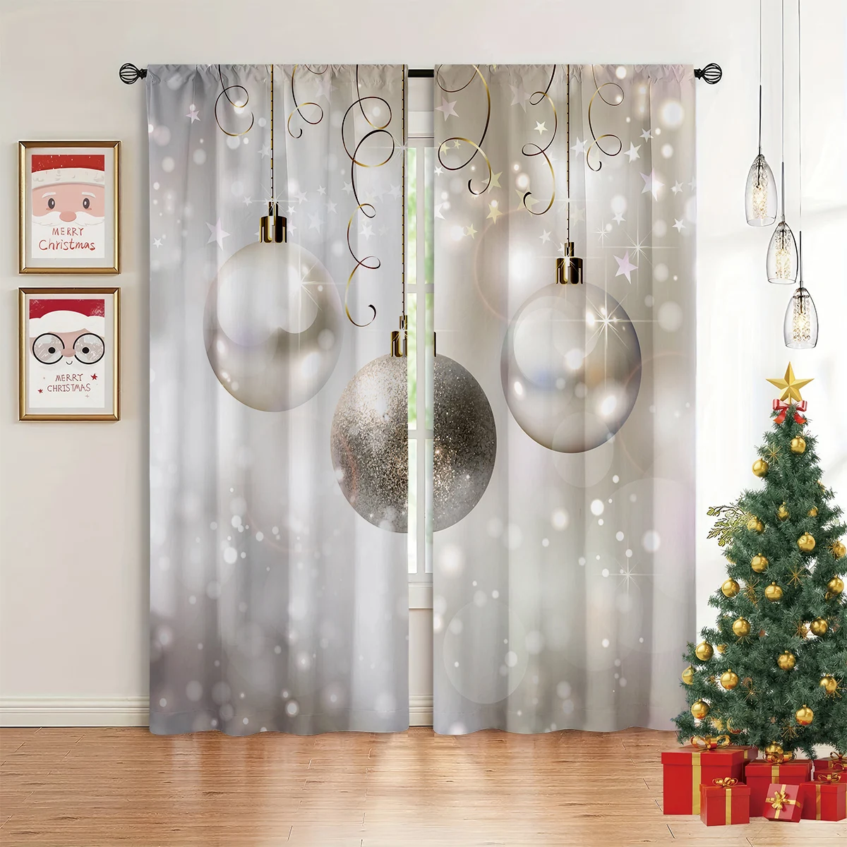 2 Pieces Decorative Christmas Curtains Featuring A Champagne-Colored Christmas Bauble Print; Light-Filtering Decorative Curtains