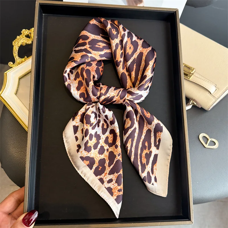 

Luxury Leopard Print Square Scarf for Women Hijab Hair Bands 70cm Neckerchief Female Satin Shawl Ribbon Headband
