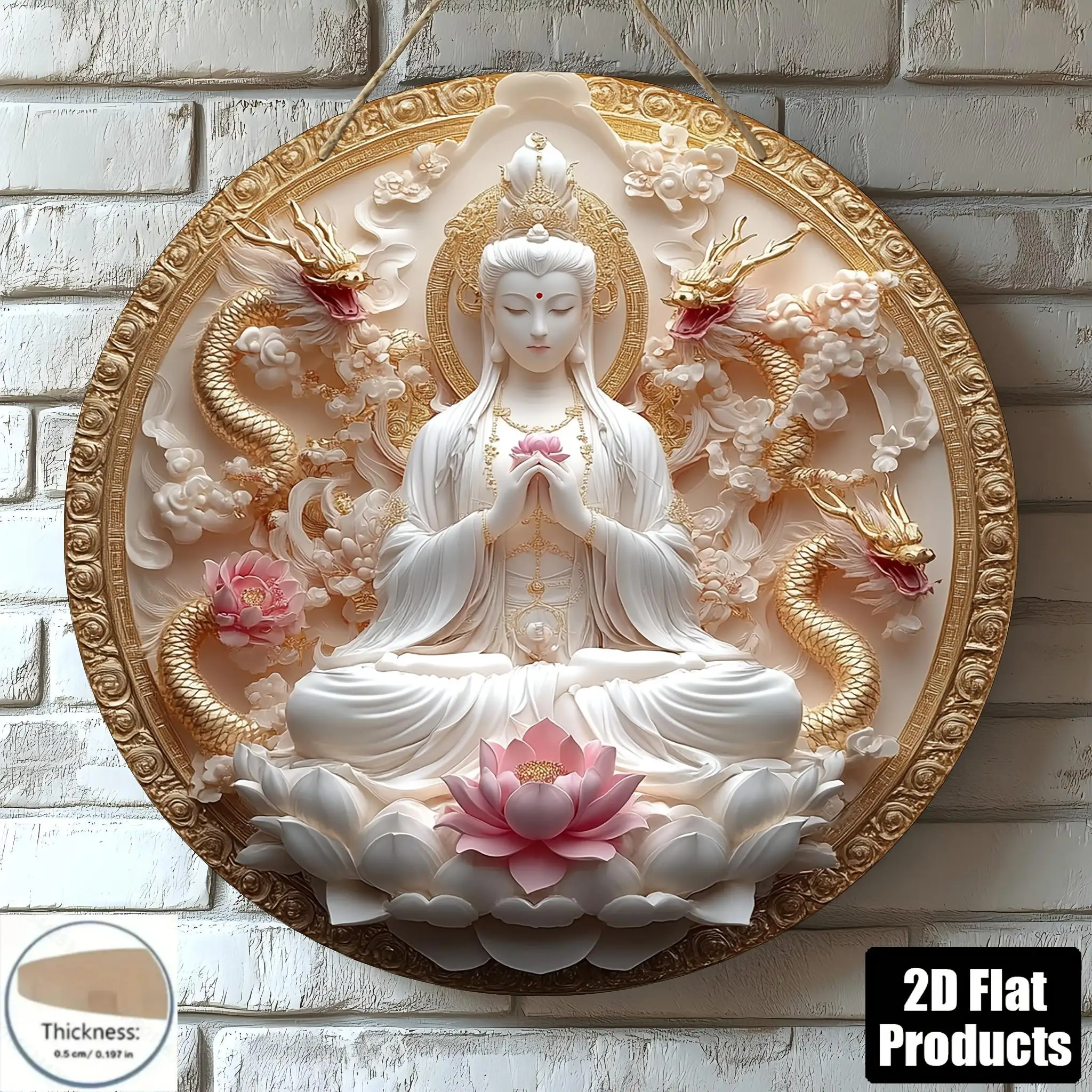 2D Flat - A Round Wooden Decorative Sign Measuring 8X8 Inches, Featuring The Theme of Guanyin Bodhisattva Holding a Lotus. Ideal