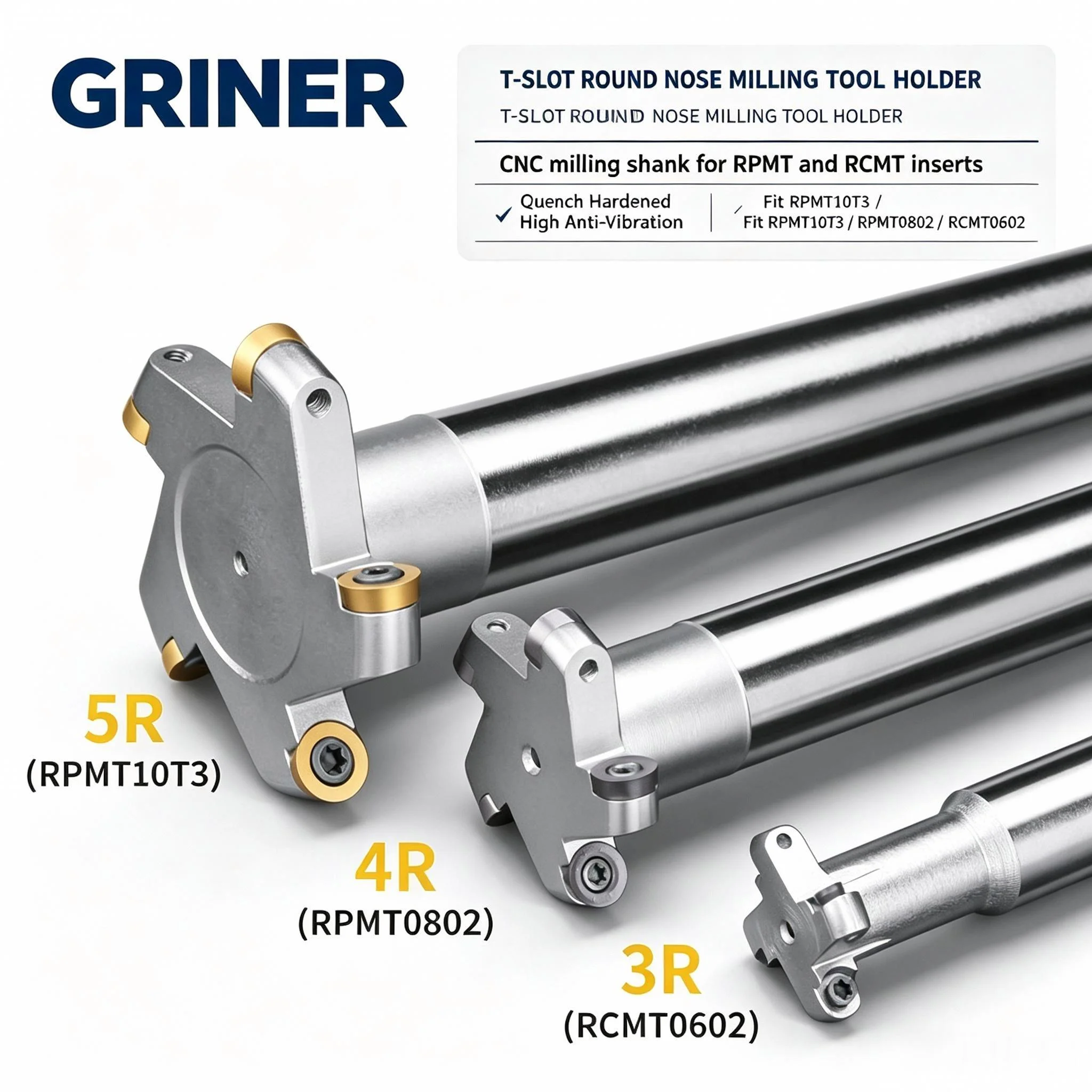 GRINER T‑Slot Round Nose Milling Tool Holder CNC Milling Shank Fit RPMT10T3 RPMT0802 RCMT0602 Inserts 42CrMo Anti‑Vibration Mill
