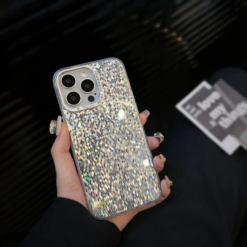 Luxury Lingge lines Glitter Phone Case For IPhone 15 14 13 Pro Max Metal buttons Shockproof Bumper cover for women