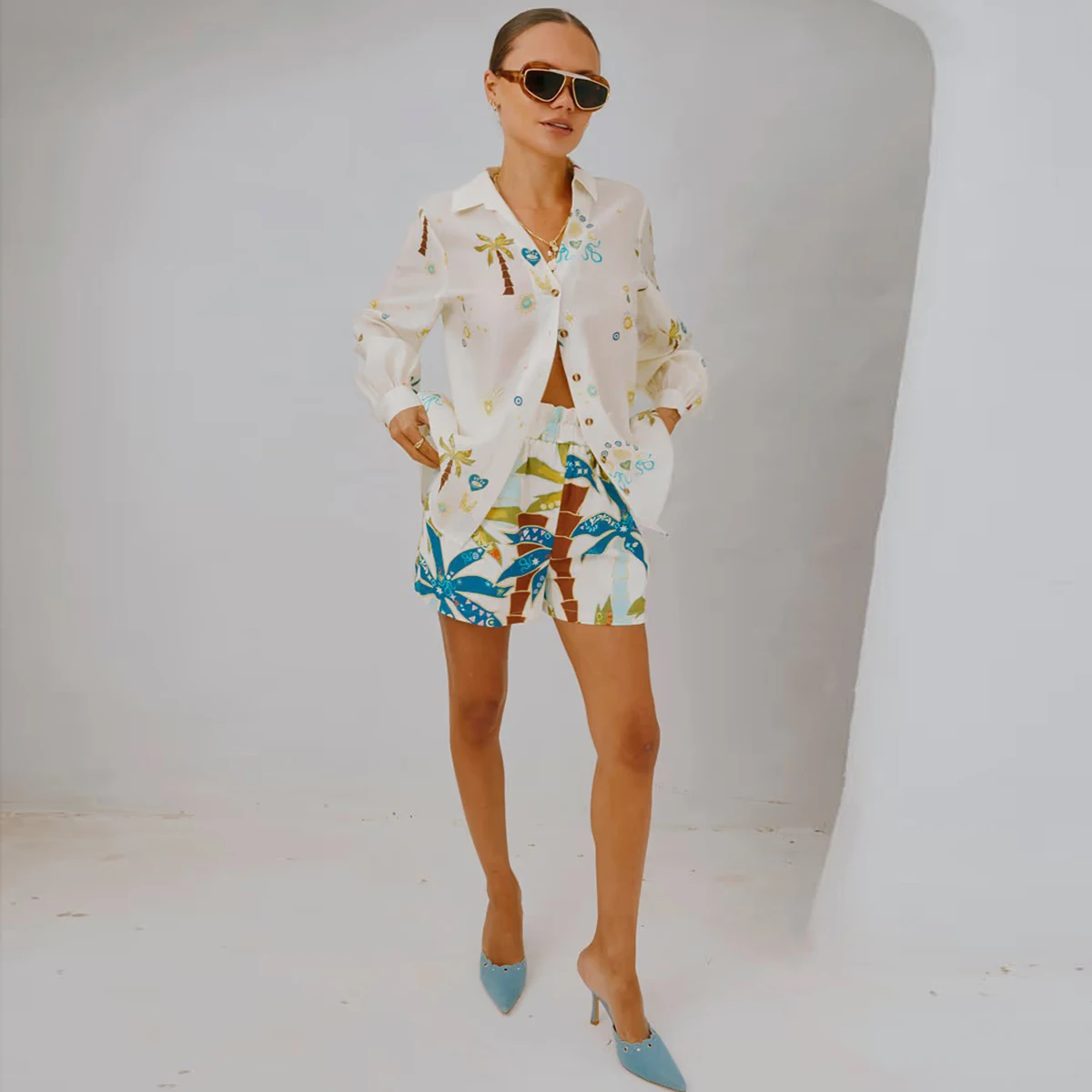 

Women Floral Print Single Breasted Belt Linen Sexy Casual Shirt Shorts Suit
