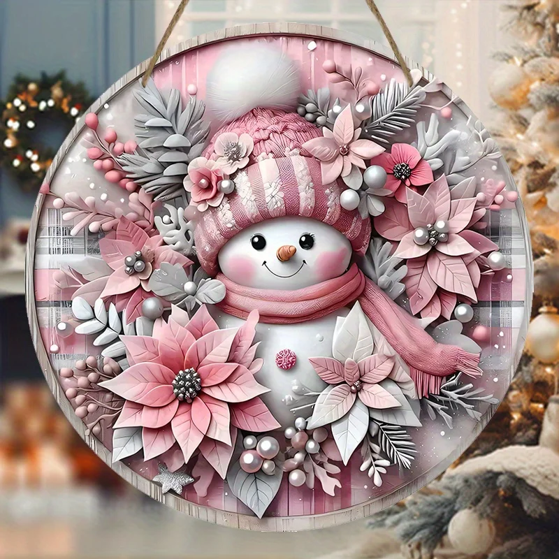 Pink Christmas Snowman Wooden Sign 2D Relief Effect of Pink Christmas Wreath Sign for Front Door Wall Hanging Decor Ideal