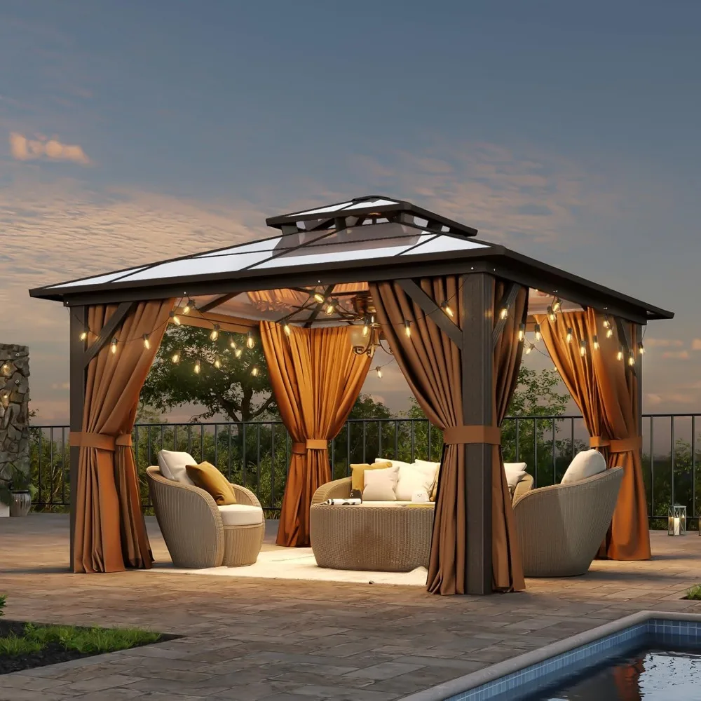 

12x12 Hardtop Gazebo Aluminum Frame Polycarbonate Double Roof Curtains Netting Patio Lawn Garden ,Customized