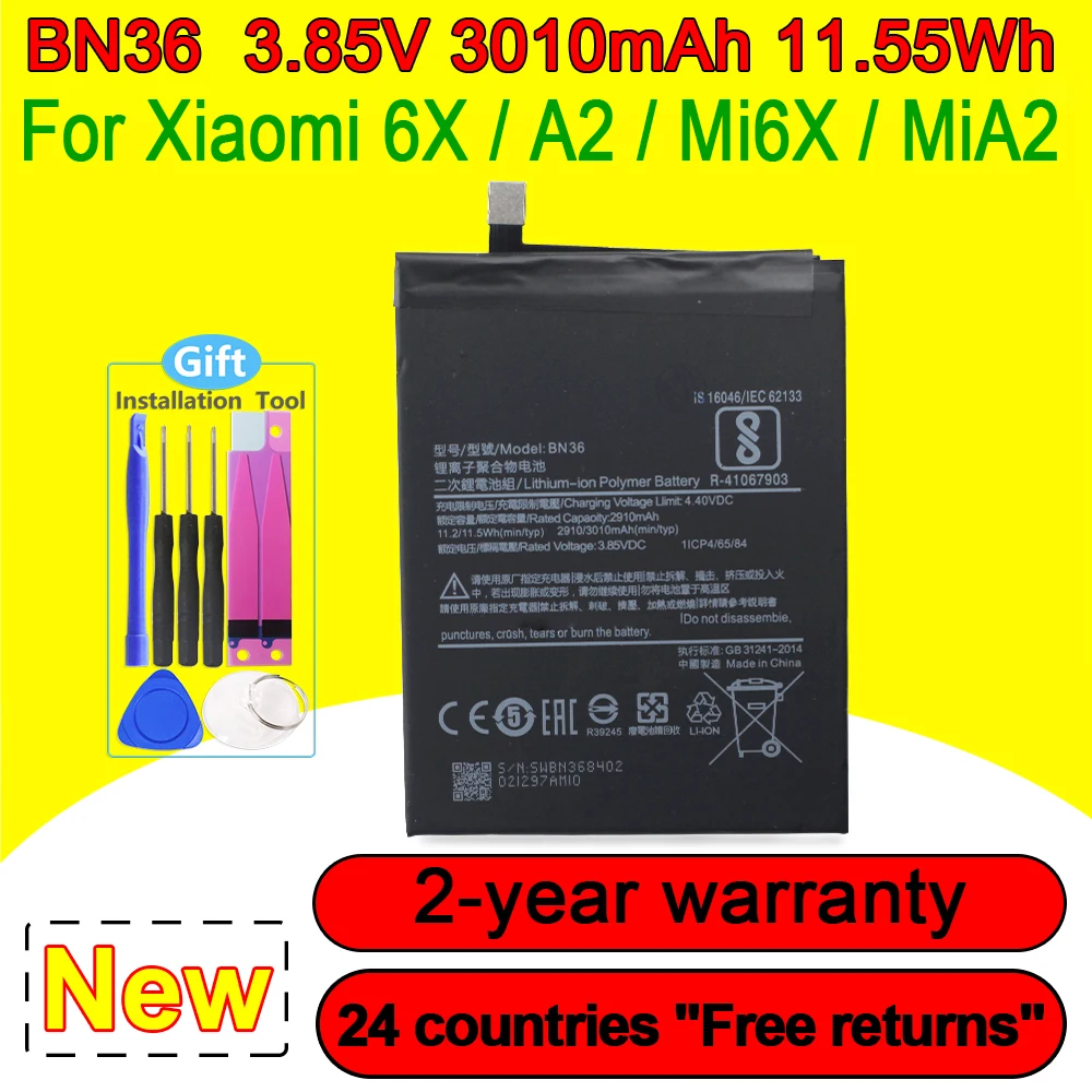 2910mAh New BN36 Smartphone/Smart Mobile Phone Battery For Xiaomi 6X A2 Mi6X MiA2 M6X MA2 With Tracking Number