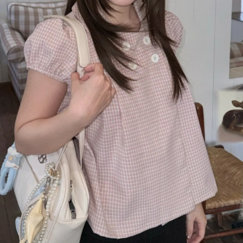 Summer retro sweet plaid button decoration bubble sleeve shirt top American versatile short sleeved polo shirt short sleeved top