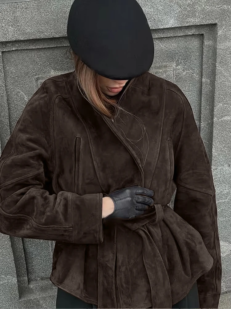 Dámská bunda z umělé semiše s odkládacím límcem a dlouhým rukávem, volný dámský kabát, podzim/zima 2025, dámské streetwear, retro outfity - náhled 4