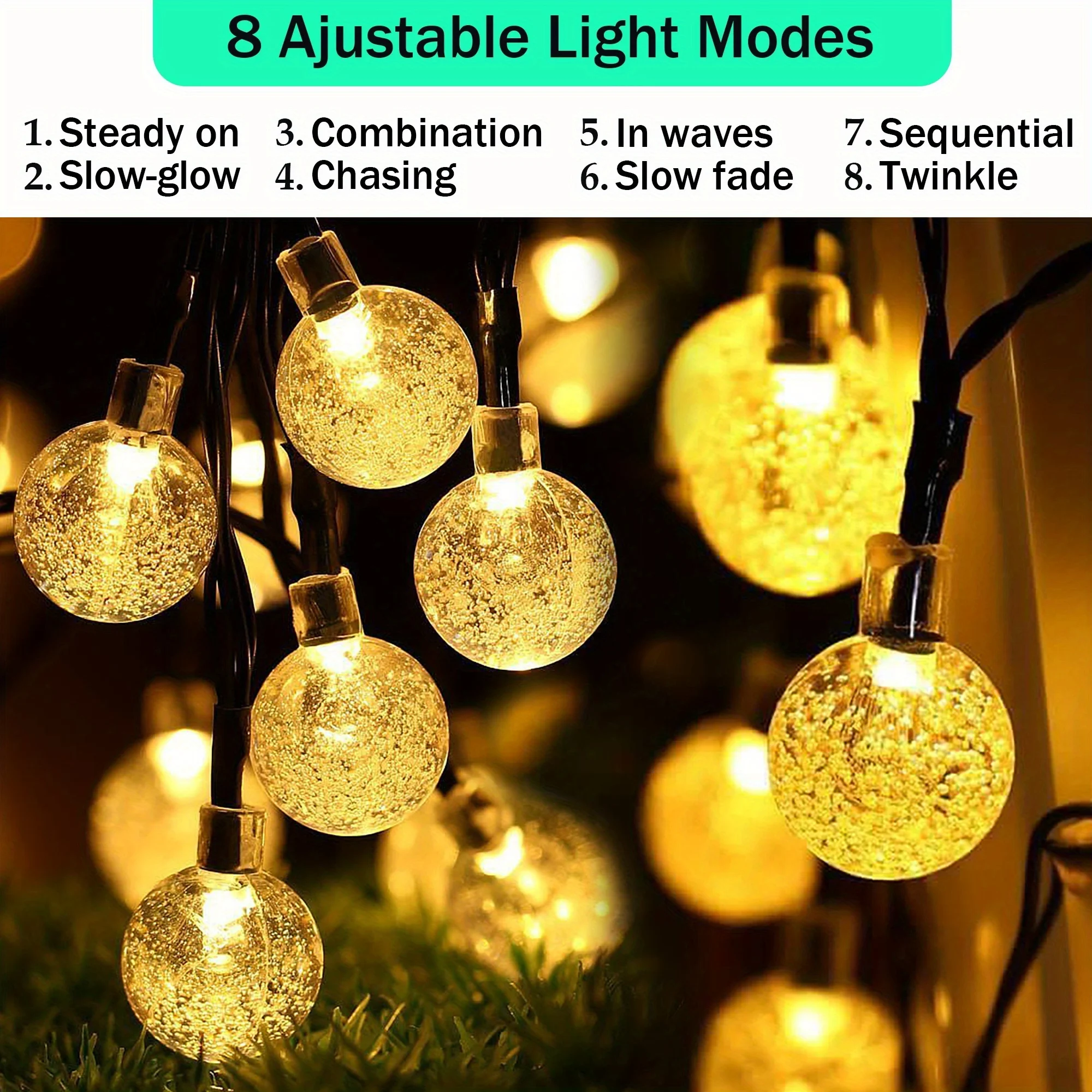 Lampu Tali Kristal Natal Tenaga Surya Tahan Air LED dengan 8 Mode untuk Dekorasi Taman Luar Ruangan, Jalur, dan Patio.