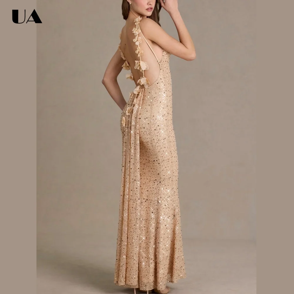 ULBYANRY Glamarous Backless Mermaid Evening Dress, Sparkly Sequined 3D Flower Prom Dress, Customized Spaghetti Strap Party Dress