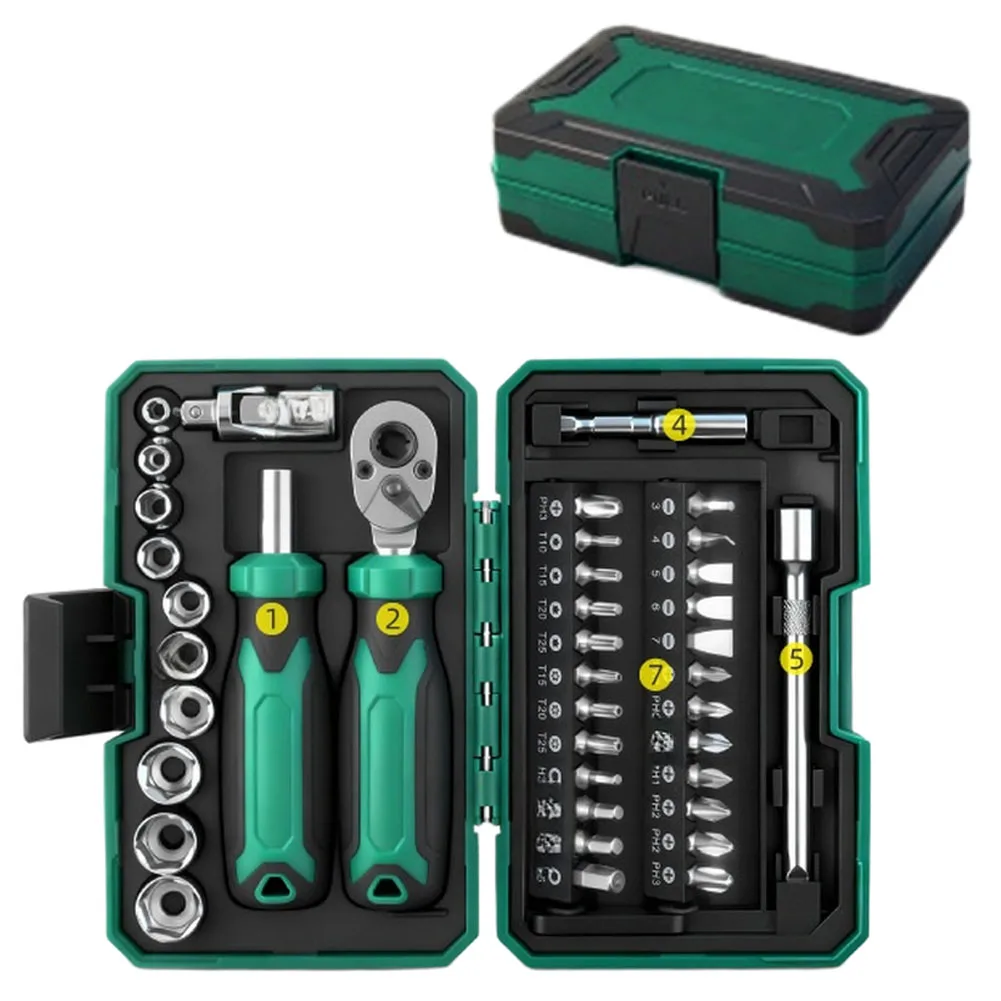 45-Piece Socket and Bit Kit Paired with 1/4 Inch Ratchet Screwdriver for For impact Drive Adapter Applications