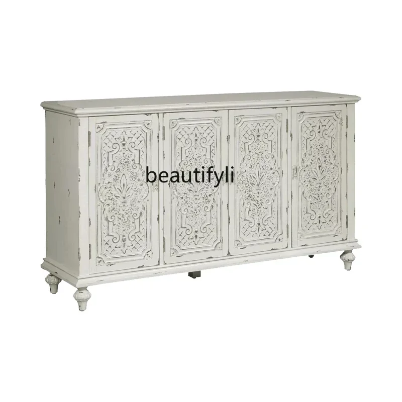 

X Solid wood carving flower entrance cabinet American retro old living room TV cabinet decorative storage cabinet