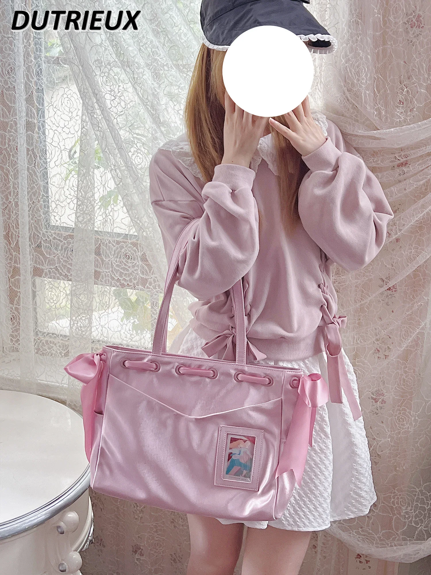 Girl Shoulder Bag Sweet Cute Ladies Handbag Pain Satin Tote Large Capacity Bag Bow Double-Sided Use Fashion Women's Handbags
