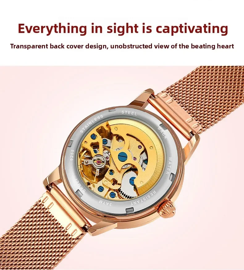 Luminous Skeleton Watch with Rhinestones, Elegant Heart Design, Self-Winding Mechanical Movement Women's Wristwatch