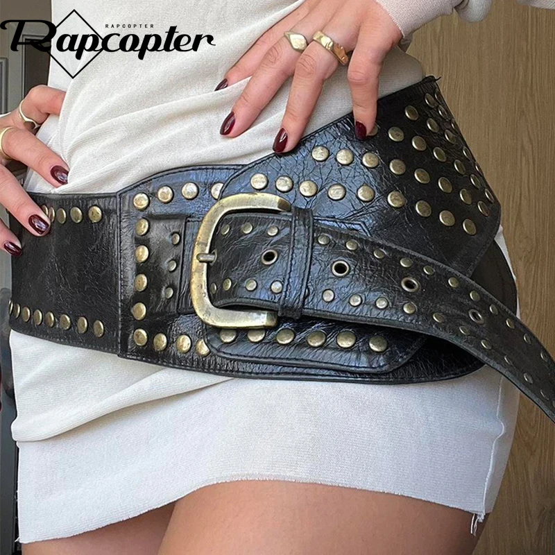 

Rapcopter Y2K Rivet Ring Belt Vintage Punk Style Crop Belts Women Fashion Hollow Out Decorative Concave-shaped Belt Streetwear