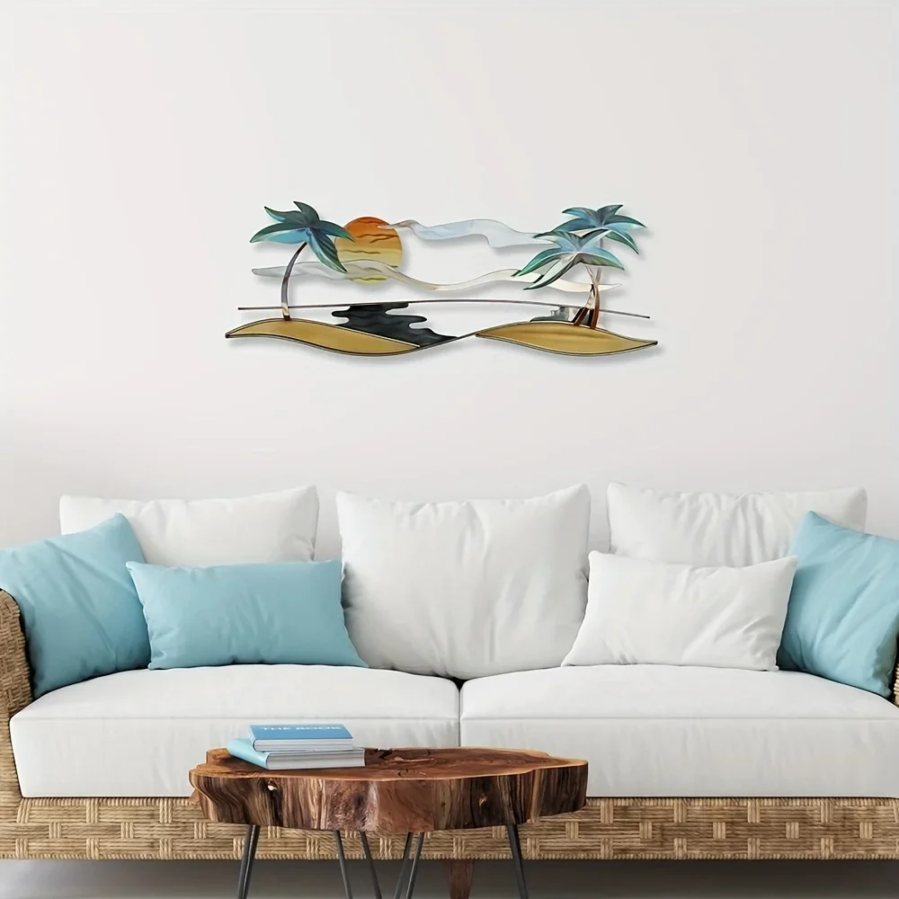CIFBUY Tropical Coastal Metal Wall Hanging, Beach Sunset Palm Tree Iron Wall Decor for Beach House Garden Patio Entryway