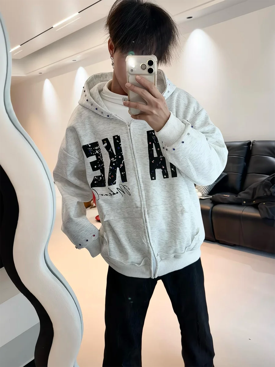 

Retro American Brand Letter Print Jaet Men's Loose Rhinestone Rivet Couple Hoodie Cardigan Trendy Street Sle