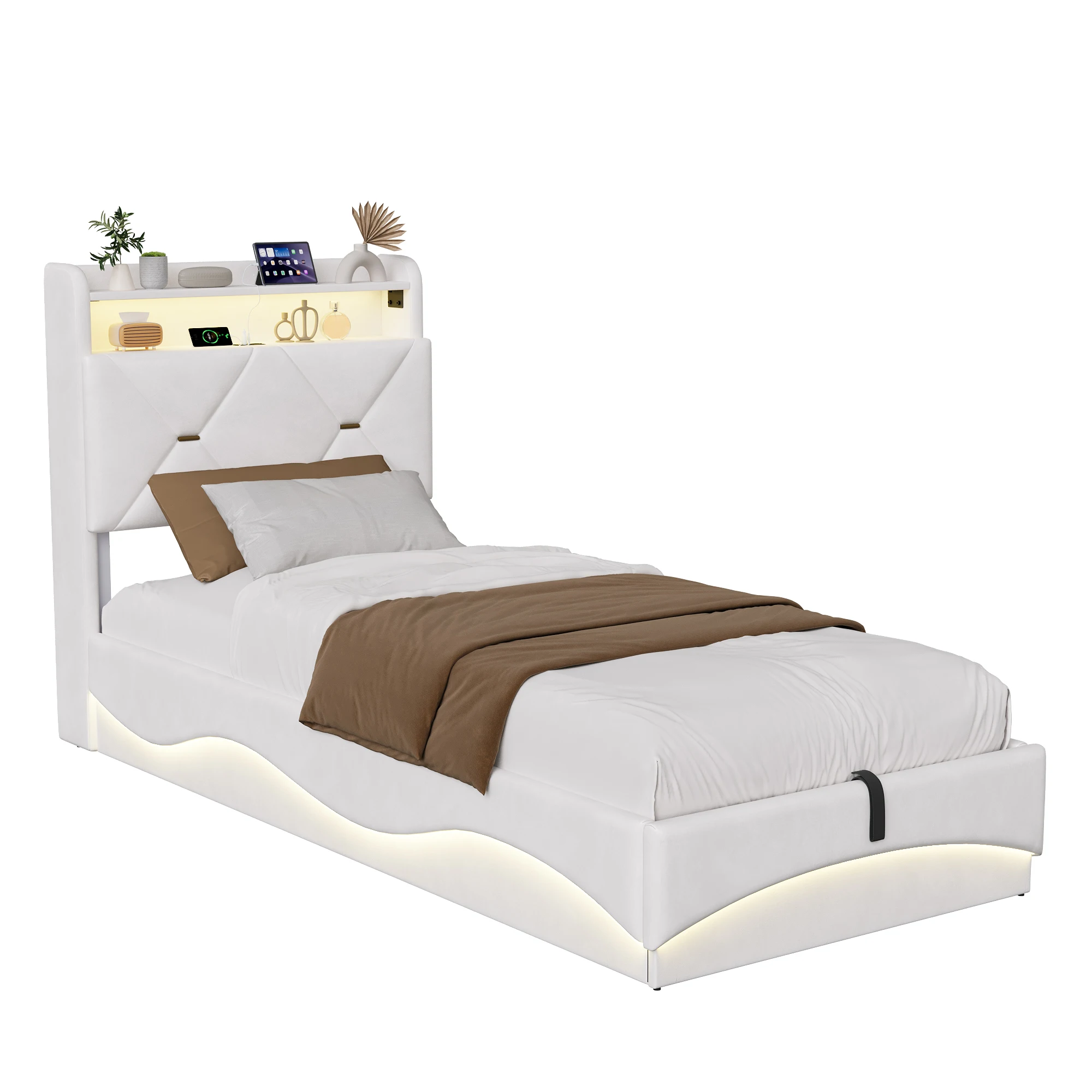 Fangange gestoffeerd bed 90x200 cm, met stopcontacten LED, opbergruimte, zacht, houten lattenbodem, jeugdbed, logeerbed, beige fluweel