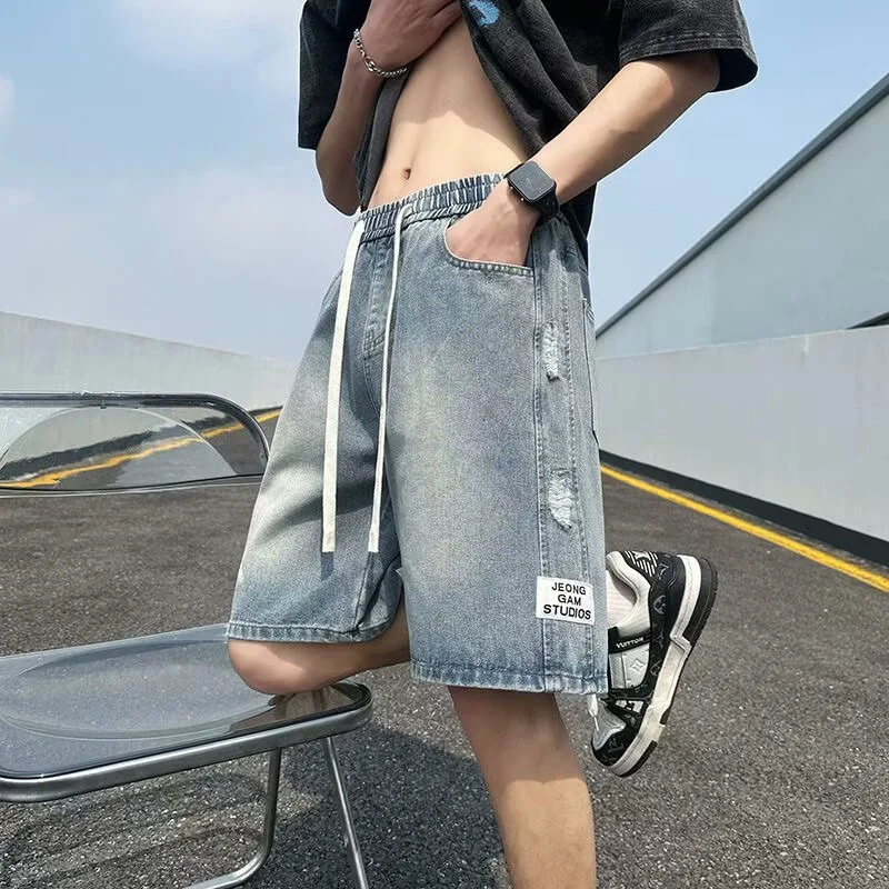 

Новинка 2024, мужские мешковатые джерсы с рваными аппликациями по бокам, уличная мода, синие джинсовые шорты, верхняя одежда, прямые брюки, Y2K, бермуды homme