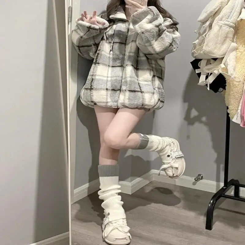 الخريف الشتاء النمط الأمريكي الرجعية منقوشة الوقوف طوق كم طويل صوف مبطن معطف سميك فضفاض متعدد الاستخدامات #5