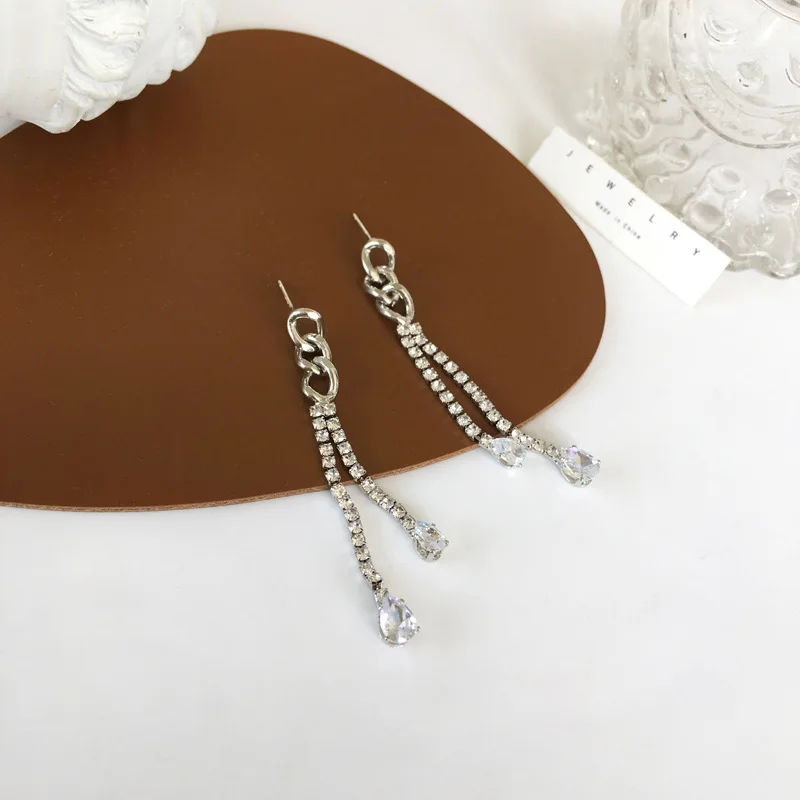 925 silver needle sweet cool chain studded earrings online celebrity tassel earrings lady ins wind