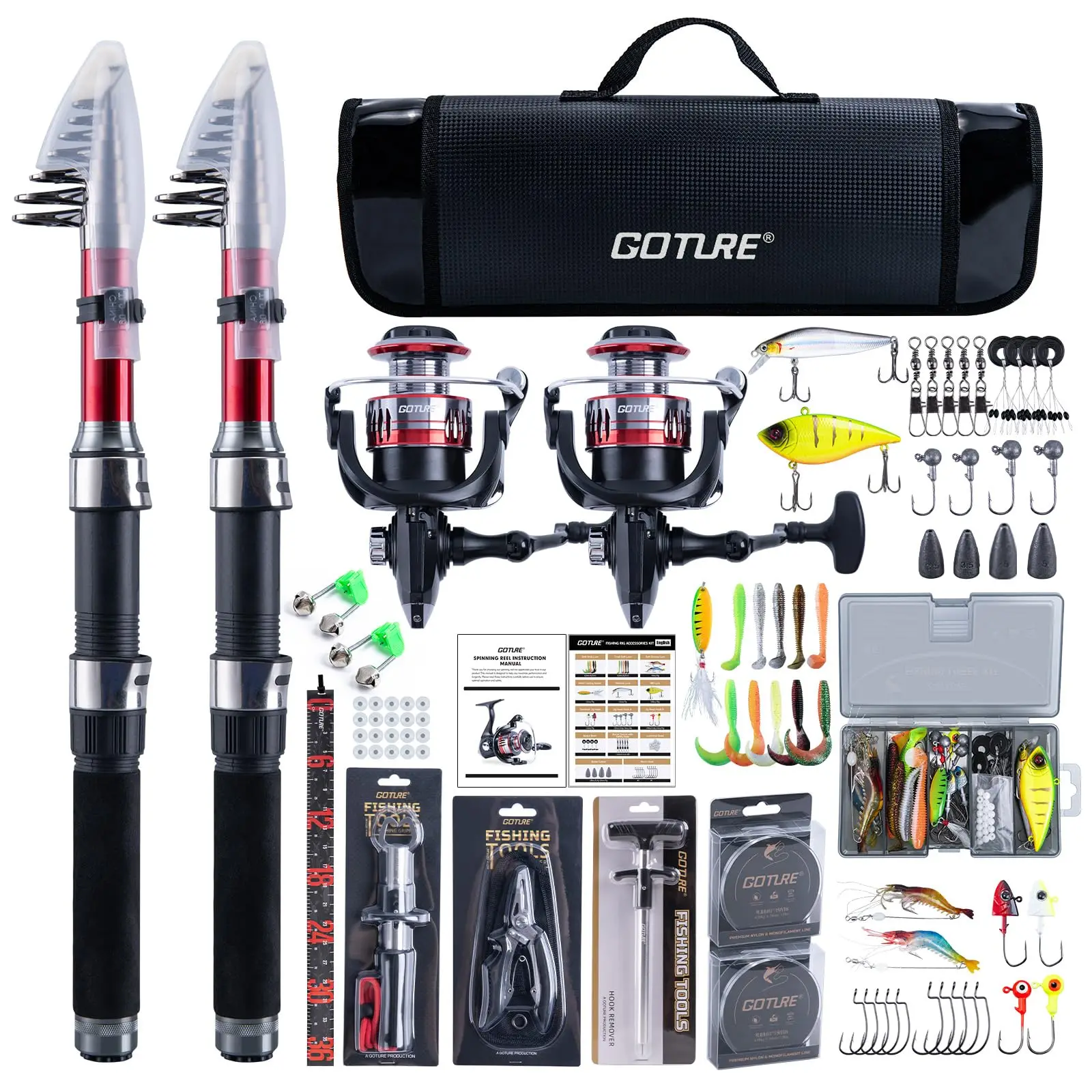 Goture 2 PCS Fishing Rod and Reel Combo with Carrier Bag,1.8M-2.7M 2PCS Spinning Reel,Line,Lures,Pliers,Gripper Tackle Set