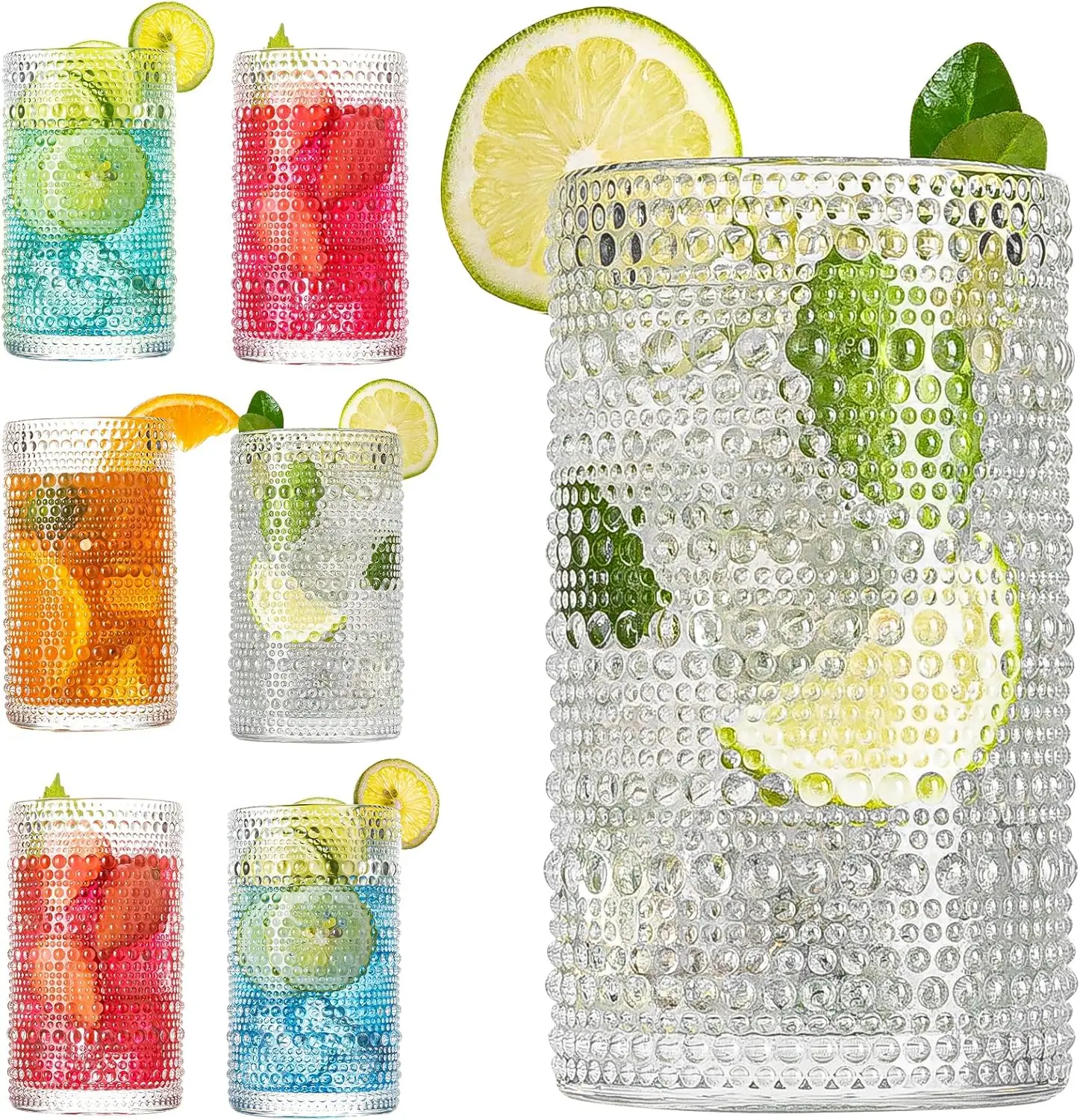 

Drinking Glasses Set - 6 Embossed Highball Glasses, 15oz Tall Water Tumblers, Mojito Cups, Cocktail Glassware for Water, Juice,