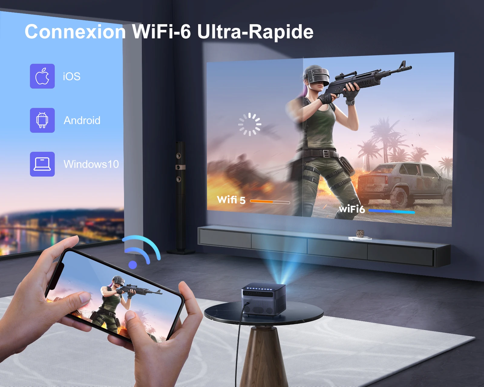 5G WiFi Bluetooth projektor WIMIUS 5G rzutnik, 550 ANSI lumenów 4K obsługiwany projektor Full HD 1080P, projektor do kina domowego na telefony,