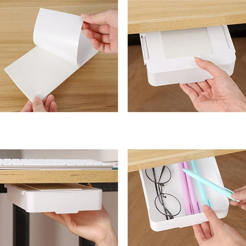2 ชิ้นติดตั้งง่ายลิ้นชักที่มองไม่เห็นกล่องเก็บใต้โต๊ะลิ้นชักเก็บของ Drop shipping