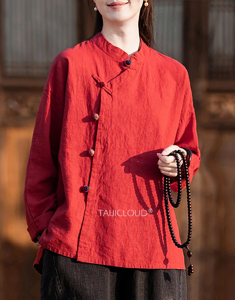 

2025 New Chinese Style Linen Shirt - Retro Cross Collar Blouse with Color Blocking, Loose Fit Tea Ceremony Long Sleeve Top