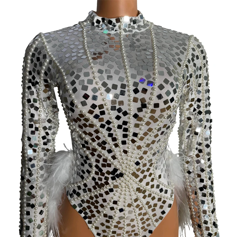 Nowe błyszczące srebrne perły lustra body spódnica z piór kobiety cekiny strój do tańca jazzowego Gogo kostiumy Bar klub nocny strój sceniczny