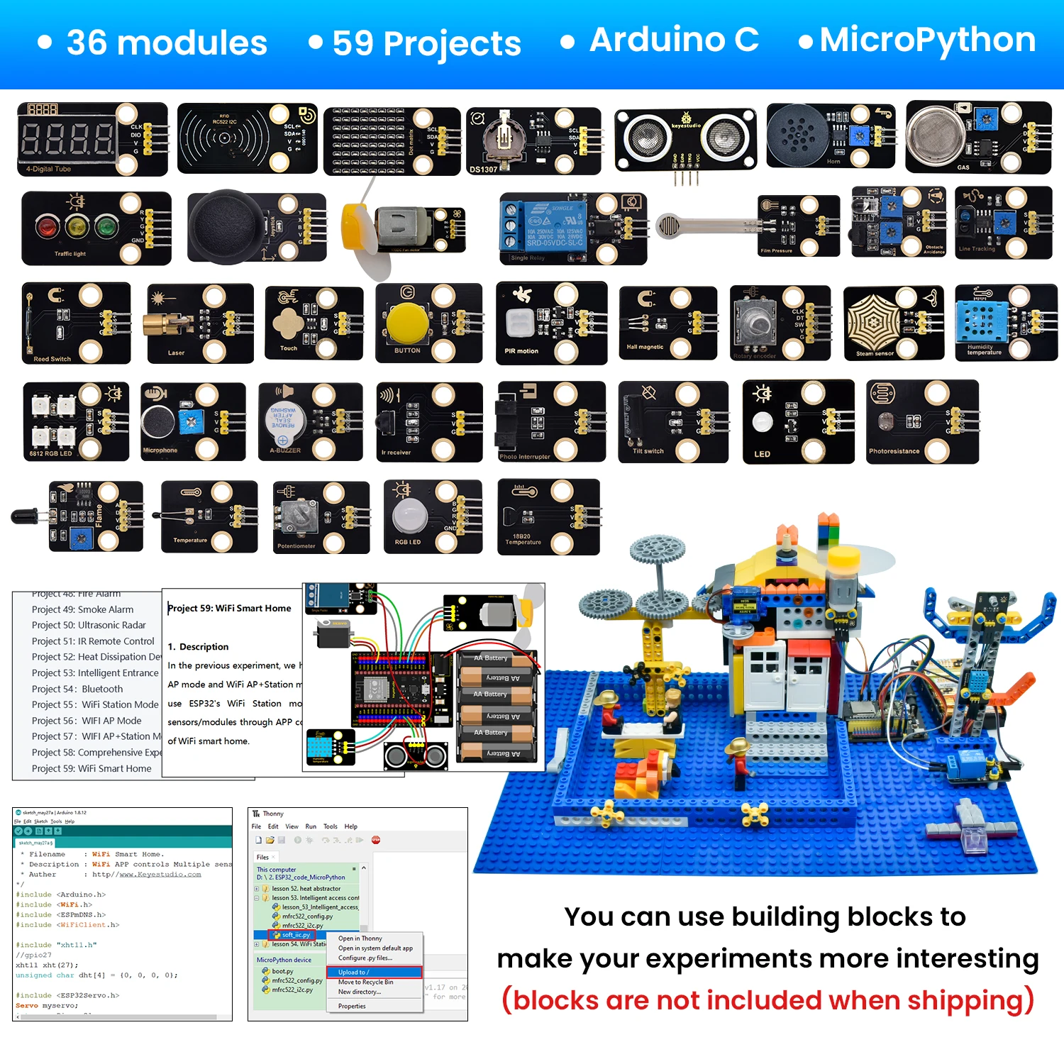 Keyestudio ESP32 RFID 37 in 1 Sensor Kit with ESP32 Board For Arduino STEM Electronic DIY Kit For Adults Programming(59Projects)