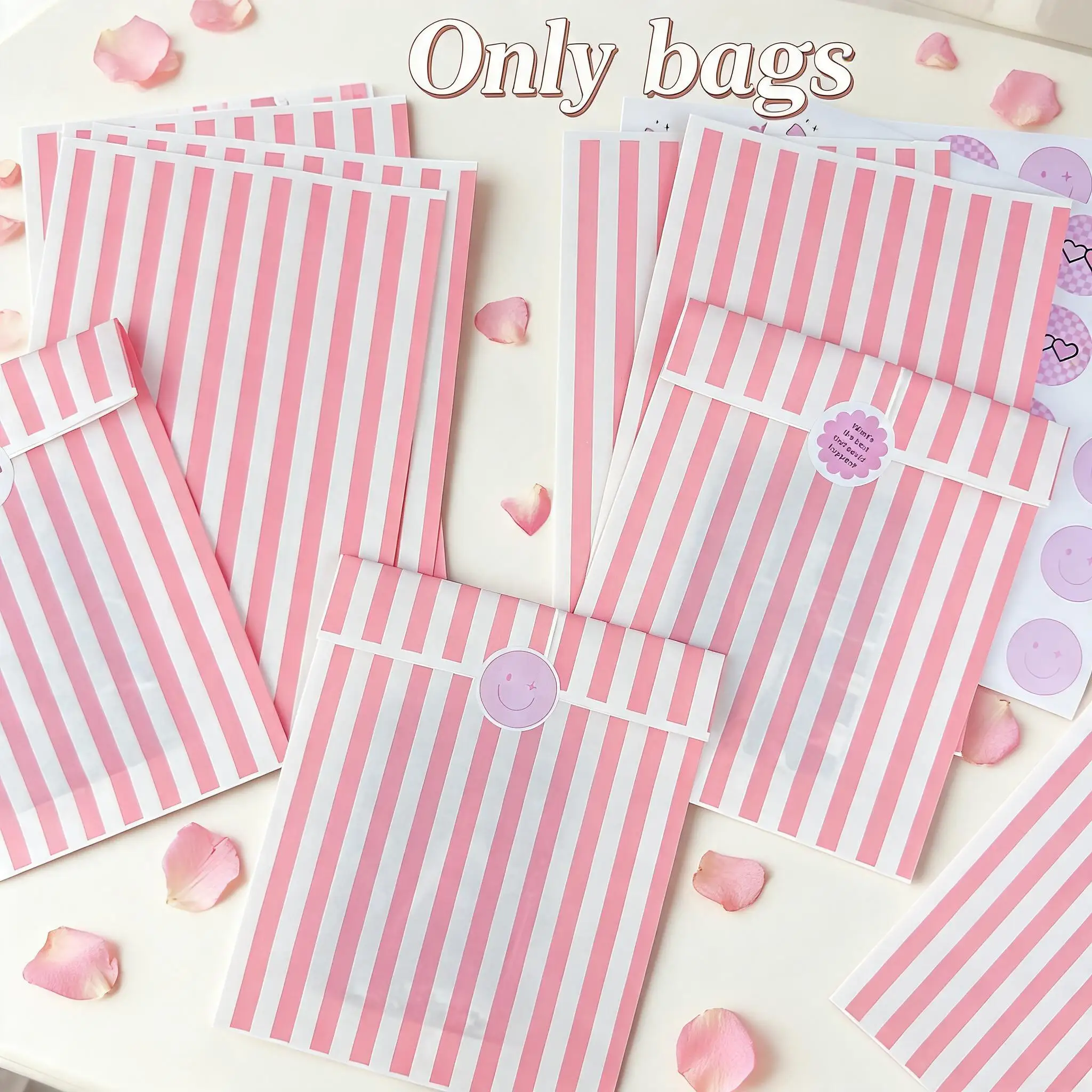 50pcs Pink Kraft Paper Bags Candy Cookie Treat Bags Striped Party Gift Decorations Wedding Birthday Party Favor Packaging Bag