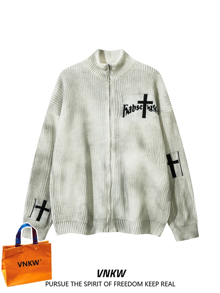 

American Retro Striped Letter Dyed Knitwear Men's Loose Lazy Sle Thiened Couple Zipper Sweater Coat Winter Faion