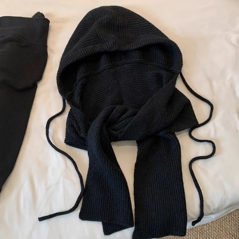 Koreanischer Winter-Stil: Balaclava-Mütze, einfarbig, dick gestrickt, Kapuzenschal-Kombination, gemütlicher Fleece, winddicht, integrierter Nackenwärmer – Detail 3