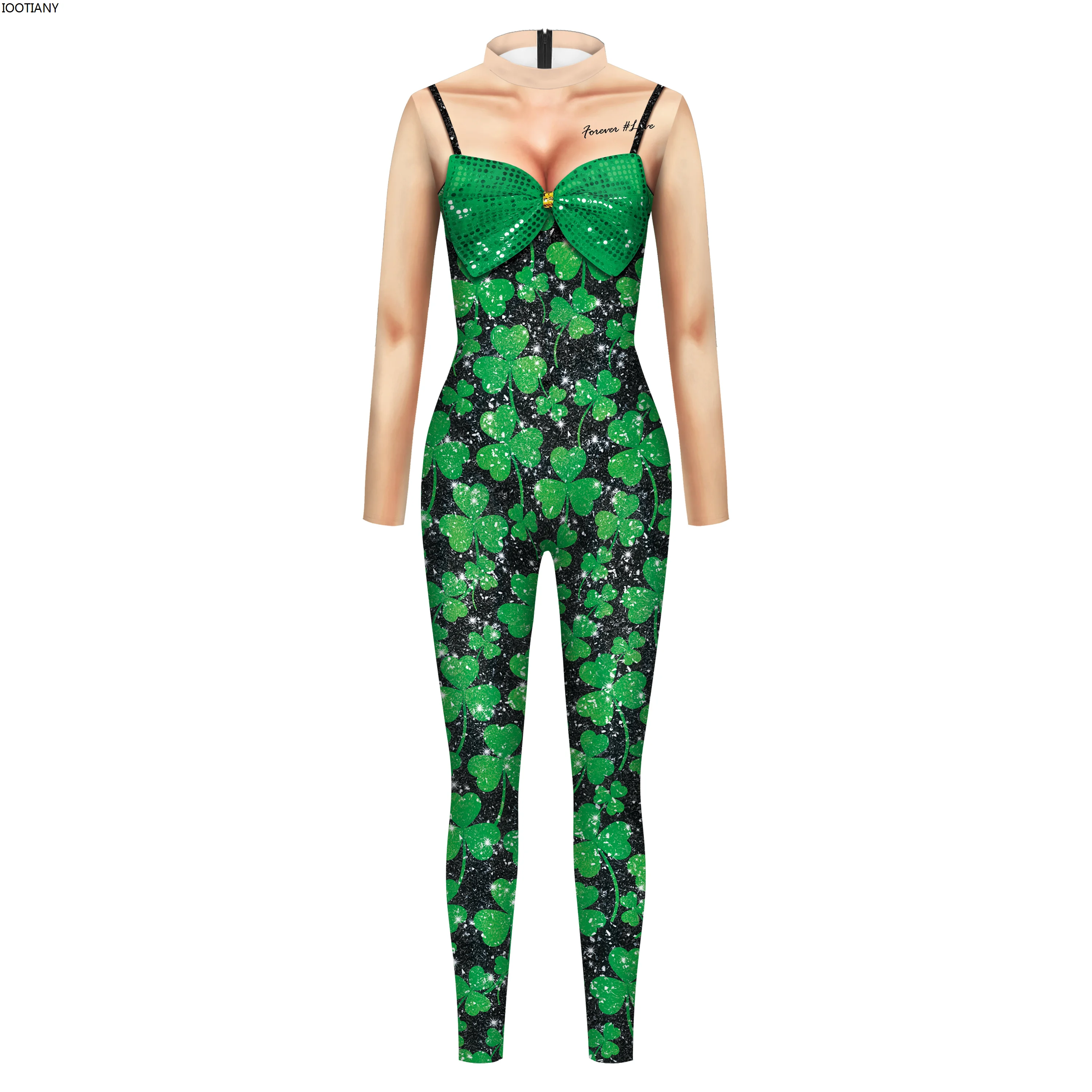 IOOTIANY St Patrick's Day Bodysuit Shamrock Digital Printed Jumpsuit Irish Green Parade Performance Catsuit Party Zentai Suit