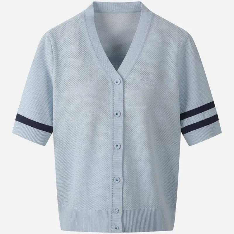 2026 Summer New Korean Style Golf Preppy V-Neck Short Sleeve Knitted Striped Color Block Slimming Lightweight Women's Cardigan