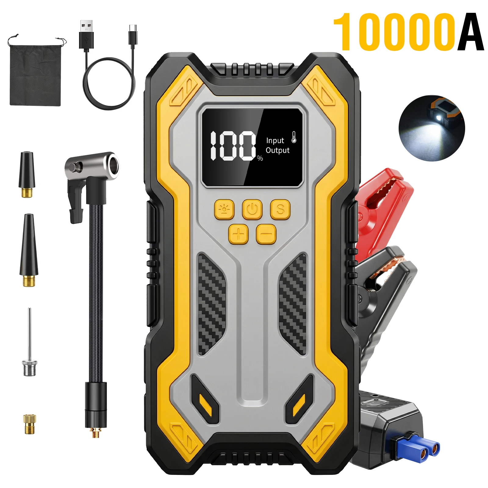 2000A Car Jump Starter 22.2Wh Portable Outdoor Emergency Power Supply with Air Compressor Booster Jumper Cables Car Battery