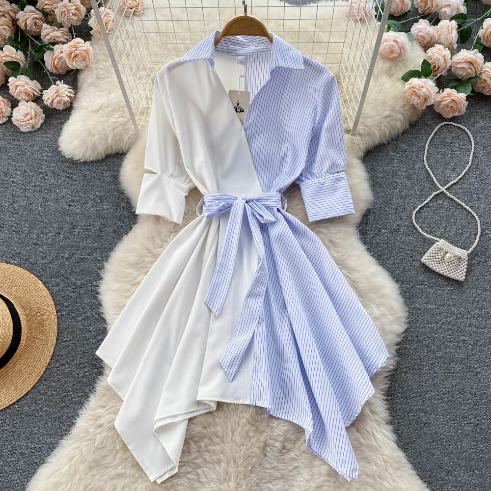 Basics Turn-down Collar Vintage Half Sleeves Chic Patchwork Striped Asymmetrical Slim Lace-up Dress Fashion High Street Clothing