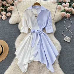 Basics Turn-down Collar Vintage Half Sleeves Chic Patchwork Striped Asymmetrical Slim Lace-up Dress Fashion High Street Clothing