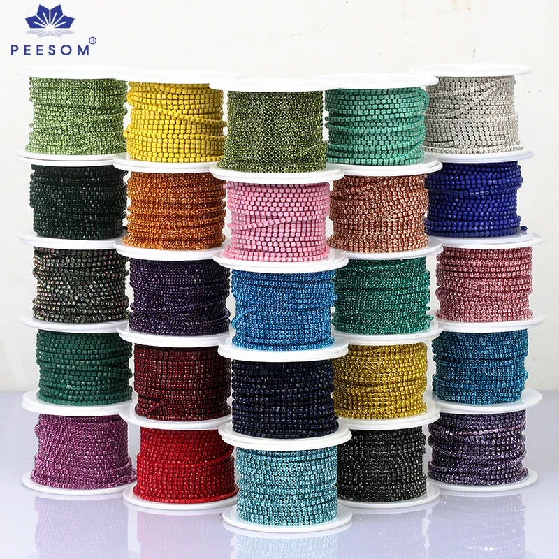 PEESOM SS6-SS12 10 jardów Kolorowy łańcuszek z gęstym łańcuszkiem z kryształu górskiego Szyć na łańcuszku z kryształu górskiego do samodzielnego montażu