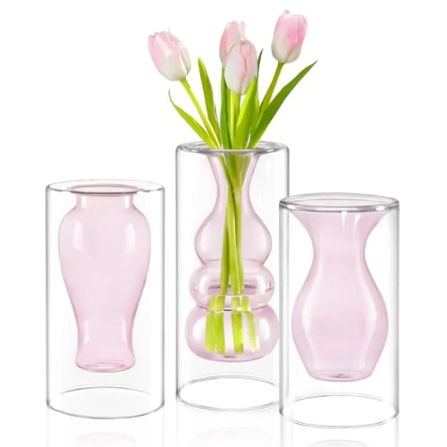 

Уникальный набор из 3 маленьких ваз для цветов: современные декоративные вазы с двойным полым корпусом, стильные стеклянные вазы ручной выдувки для дома