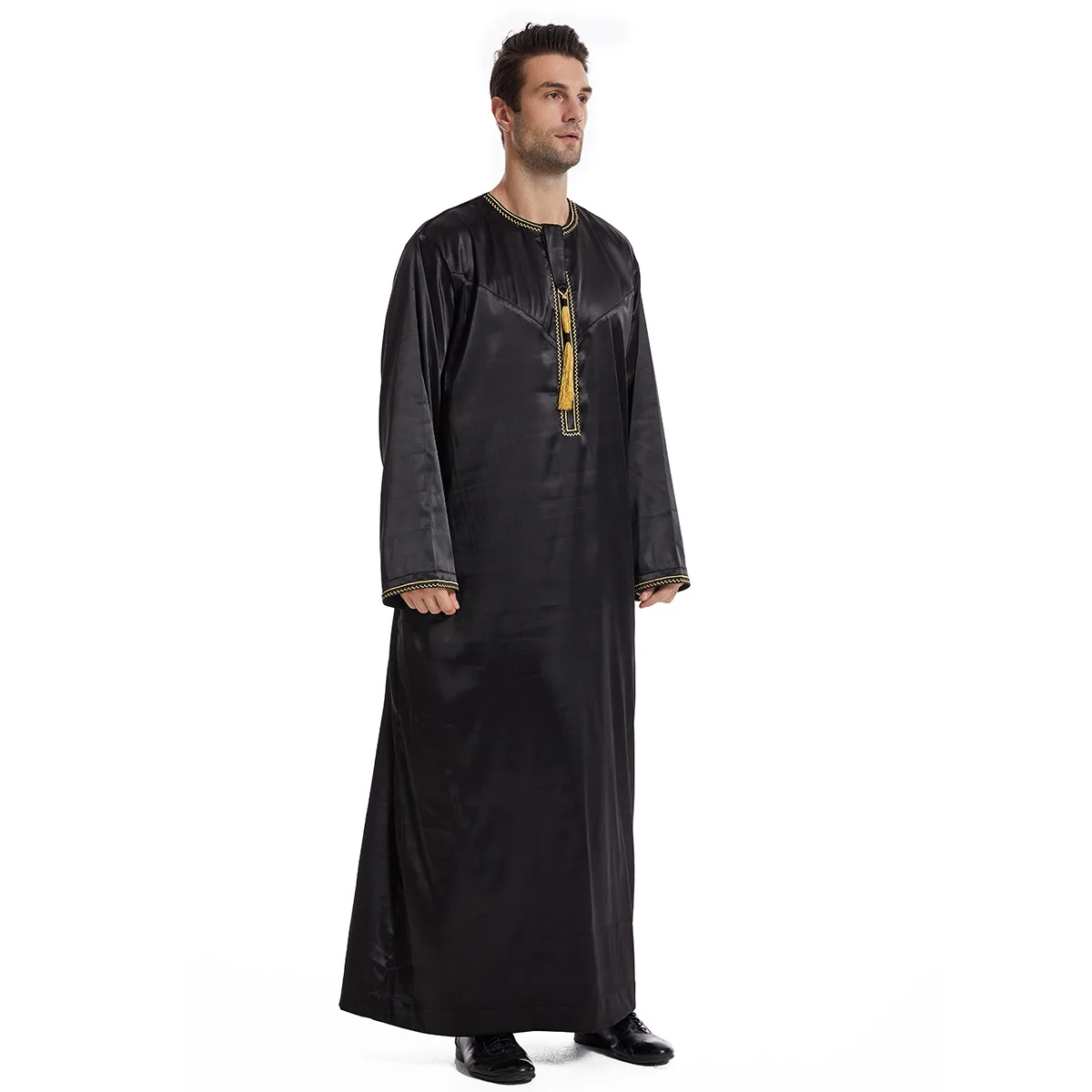 Men’S Muslim Robe Long Sleeve Islamic Clothing Middle East Thobe Arabia Kaftan Round Neck Dress Male Costume Prayer Abaya