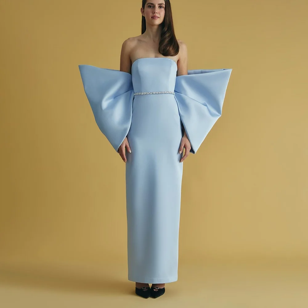 

Sky Blue Evening Dress Strapless Crystal Soft Satin Midi Evening Gowns Slit Big Bow Straight Elegant Prom Dresses Customized