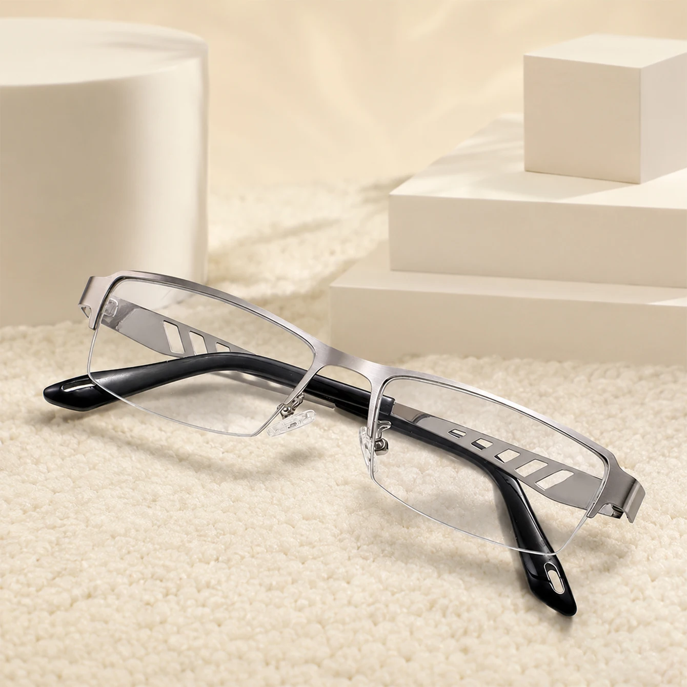 1pc Square Anti Blue Light Glasses Hollow Cutout Metal Half Rim Non-Prescription Eyeglasses for Business Men Women Eyewear Work